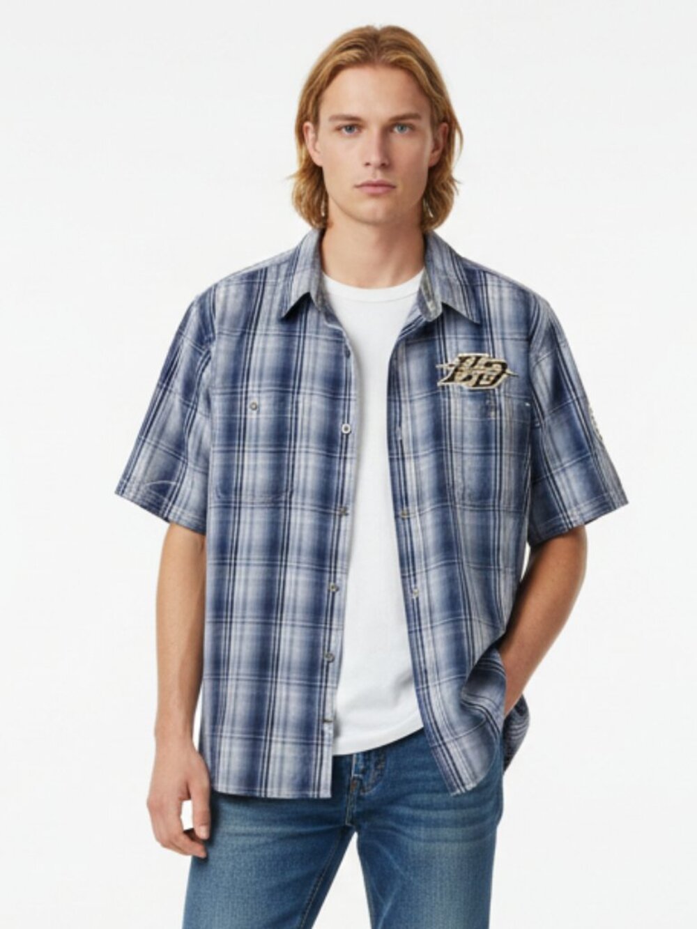 Harley Davidson Blue & Gray Plaid Embroidered Short Sleeve Button Up‎ Shirt 2XL